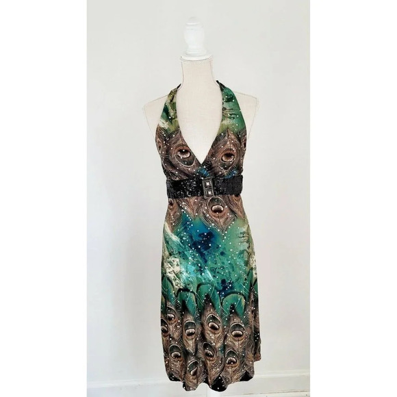 Belinda Dresses & Skirts - Belinda Peacock Sequin Halter Belted Y2K 90s Wedding Tropical V Neck Dress S